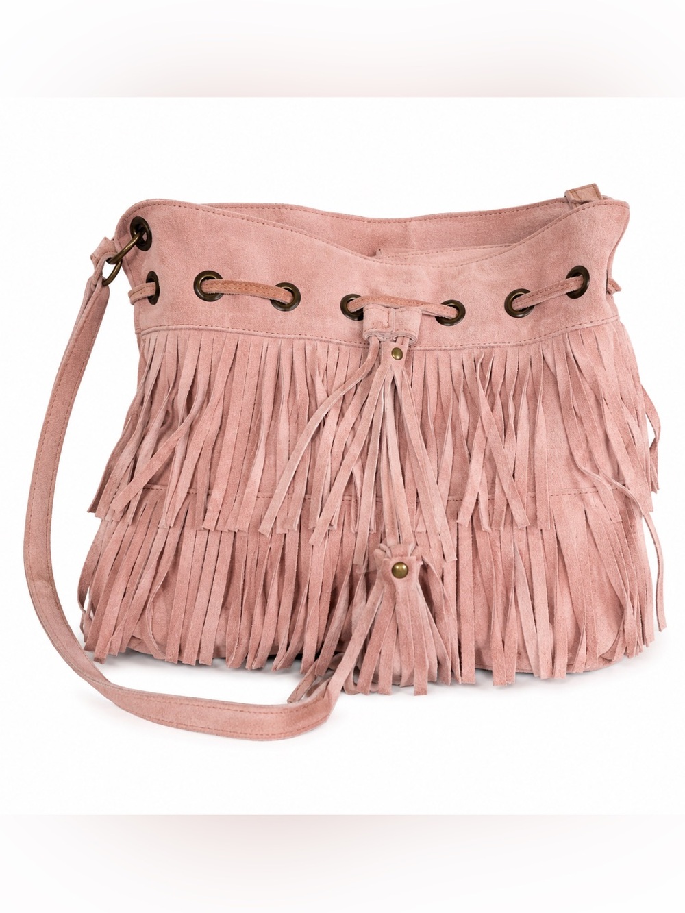 Genuine Leather Pink Suede Fringe Shoulder Bag Boho Western Crossbody Purse